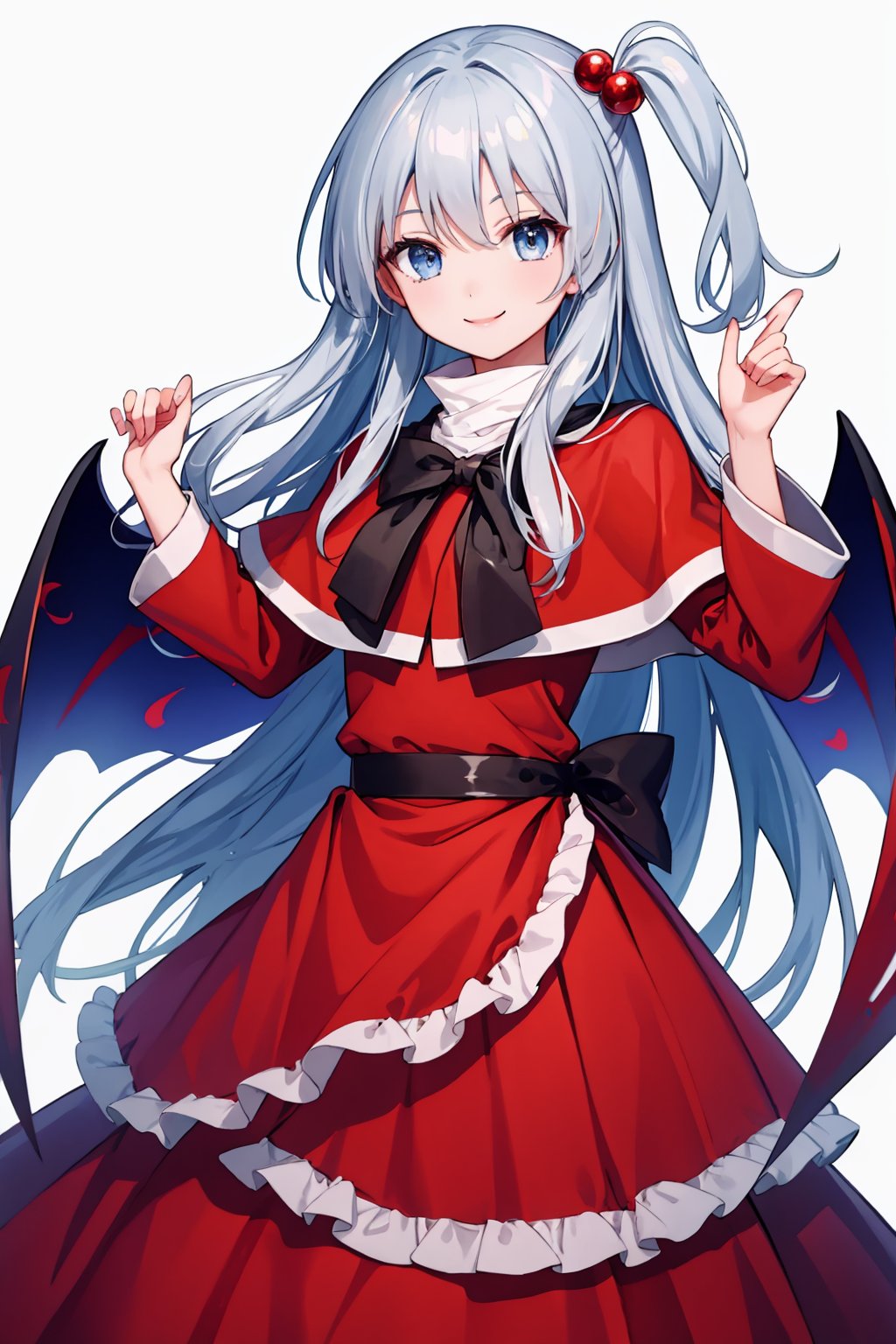 masterpiece,best quality, highly detailed, shinki (touhou),1girl,solo,one side up,hair bobbles,red dress,smile,red capelet,long sleeves,looking at viewer<lora:shinki_(touhou):1>,simple background,white background