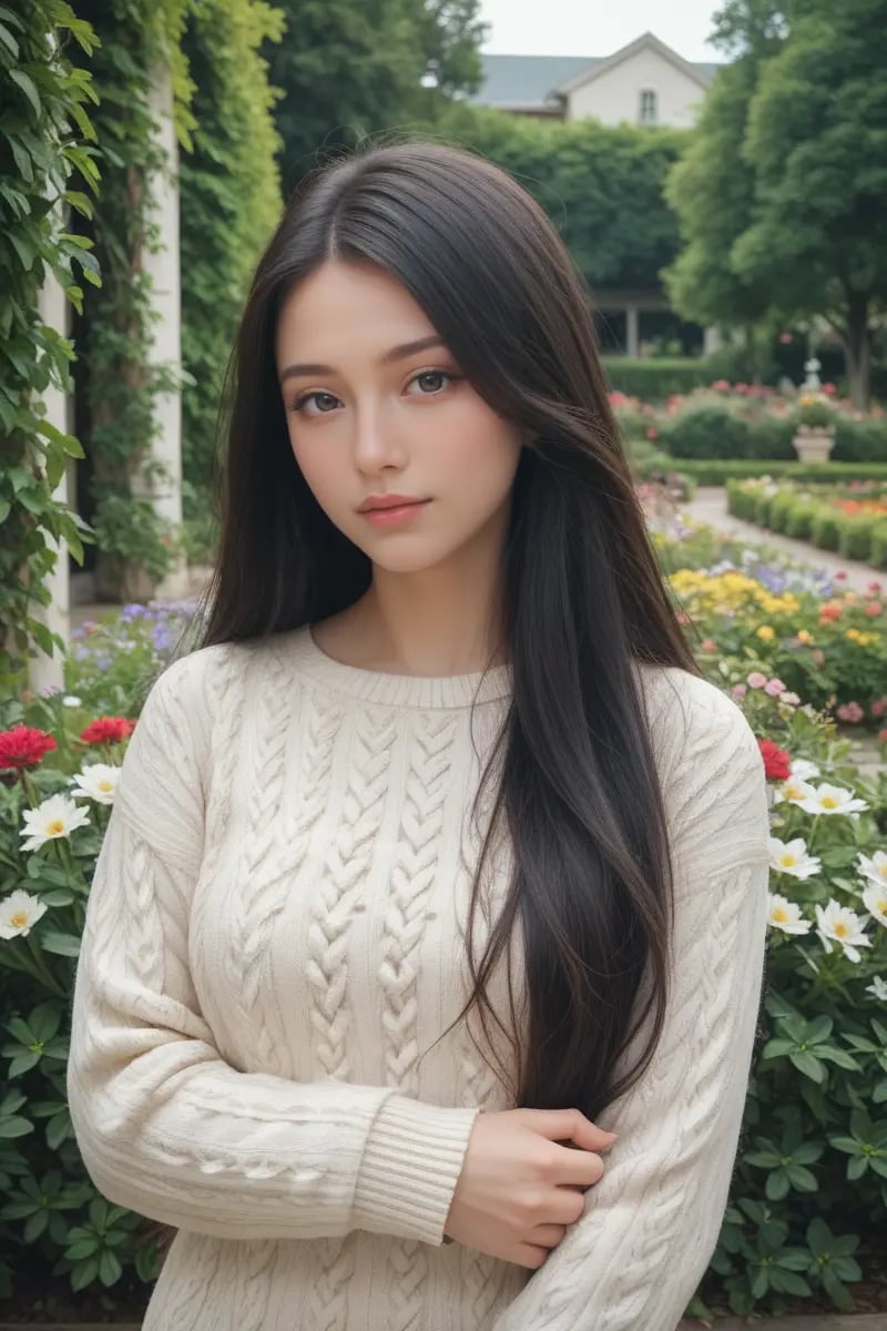 score_9,score_8_up,score_7_up,masterpiece, 20 years old, 8k, hd, beautiful girl, black hair, very long hair, straight hair,1girl, detailed face, beautiful woman's face, sweater, garden, full of flowers, looking at viewer, upper body, half body,