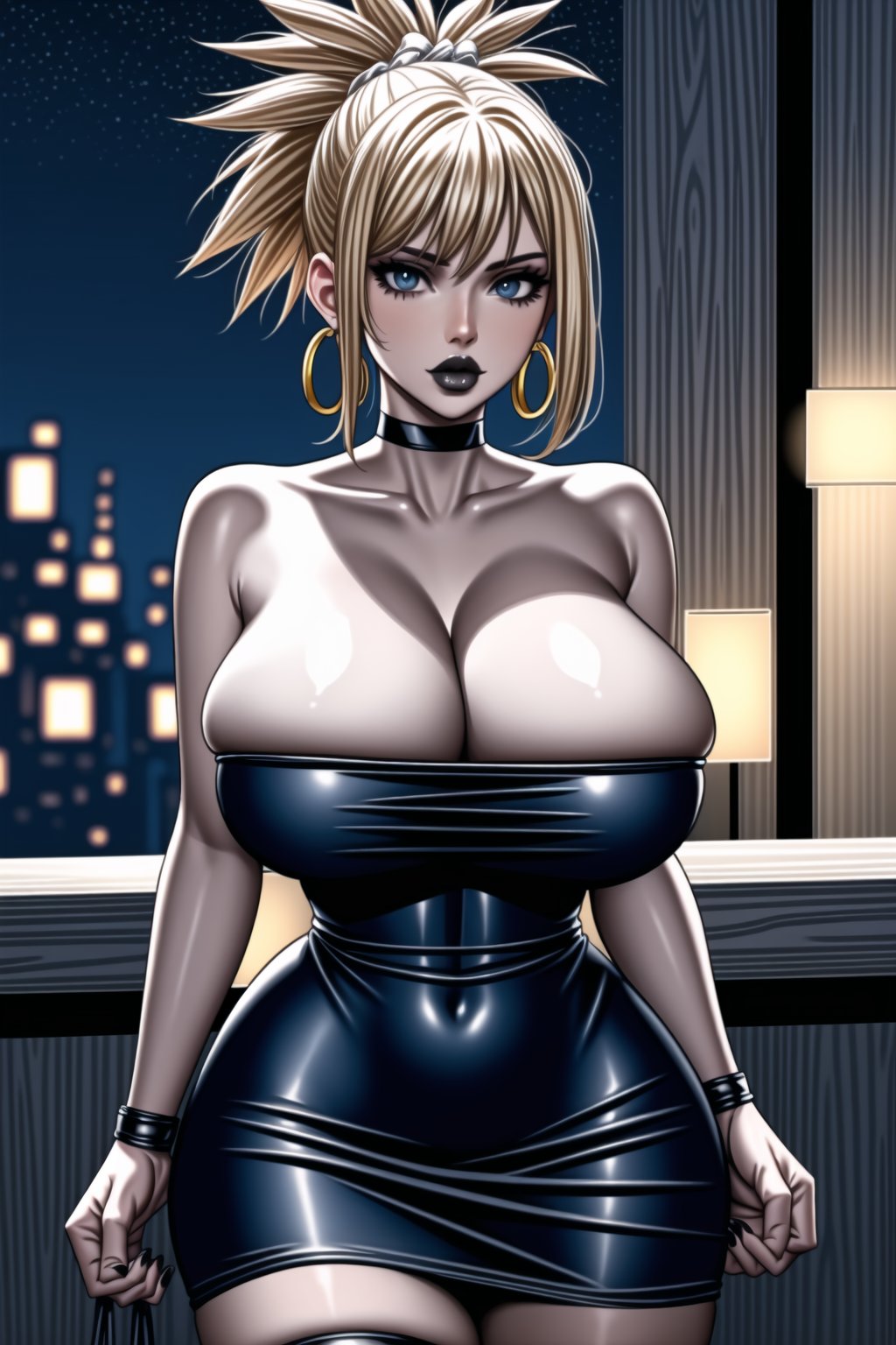 ((best quality)), ((highly detailed)), masterpiece,1girl, 1girl, (lips:1.3) black lips:1.3, makeup:1.2, lipstick:1.2,, kohaku, blonde hair, blue eyes, hair ornament, ponytail,nail polish, solo, alternate_costume, leotard, strapless ,cleavage, bare_shoulder, pencil_skirt, high_waist_skirt, belt, black_skirt, miniskirt, (pencil skirt:1.2), black_legwear, thighhighs, (black choker), huge breast:1.2 ,(hoop earrings:1.2), black nails, looking at viewer, standing, cowboy shot, bar,outdoor,lamp,nigth,space, wristband,StandingAtAttention,black lips,,b1mb0<lora:EMS-84091-EMS:1.000000>, <lora:EMS-179-EMS:0.600000>, <lora:EMS-50097-EMS:0.600000>, <lora:EMS-60362-EMS:0.600000>, <lora:EMS-401523-EMS:0.800000>, <lora:EMS-31593-EMS:0.400000>