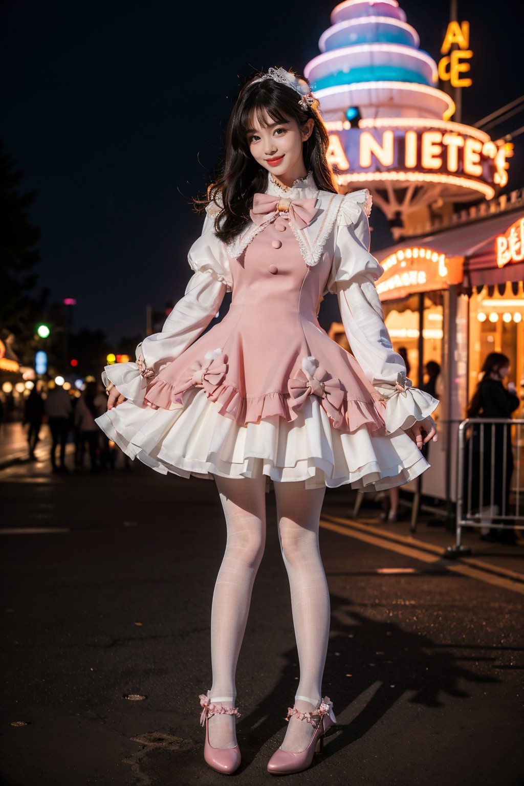 best quality, masterpiece, photorealistic, 1girl, solo, long straight black hair, blunt bangs, looking at viewer, full body, cyb dress, pink dress, long sleeves, puffy long sleeves, bow, (white pantyhose:1.4), mary janes, amusement park, people, colorful, neon light, <lora:cute_dress_style1_v1:0.7>