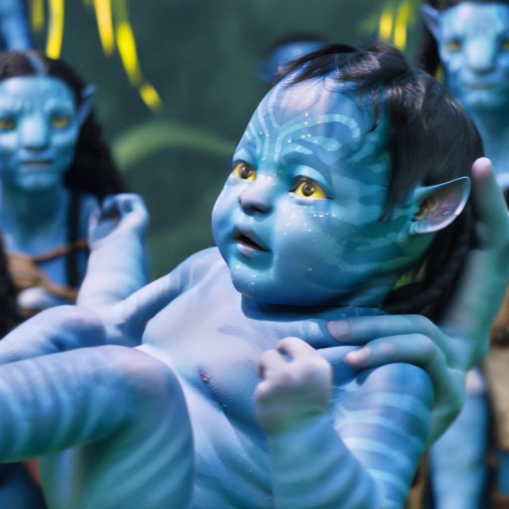 Baby na’vi, infant, colored skin, blue skin, freckles, pale yellow eyes, black hair, tail, loincloth, movie still, cinematic