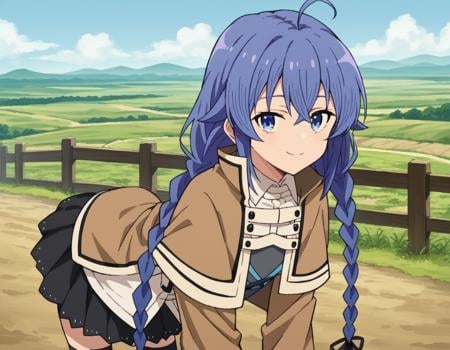 score_9, score_8_up, score_7_up, source_anime,roxymigurdia, <lora:roxy-migurdia-s1-ponyxl-lora-nochekaiser:1>,roxy migurdia, ahoge, black ribbon, blue eyes, blue hair, braid, hair between eyes, hair ribbon, long hair, twin braids, very long hair,black legwear, black skirt, capelet, jacket, brown jacket, long sleeves, miniskirt, open clothes, open jacket, pleated skirt, skirt, white capelet, white footwear, white jacket,outdoors, landscape, farm, bent over, smile,looking at viewer, dutch angle, cowboy shot,