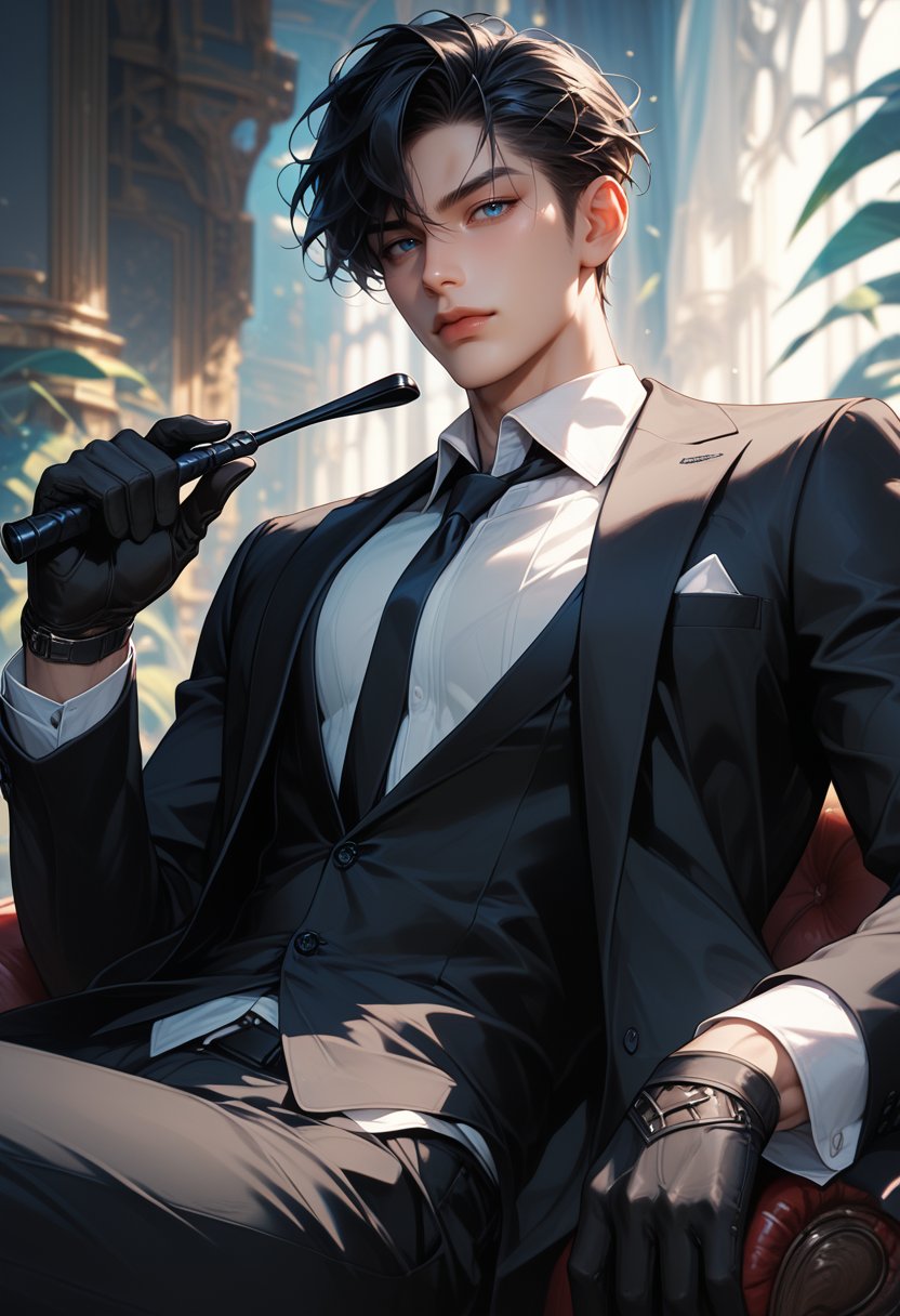 (score_9, score_8_up), score_7_up, score_6_up, looking at viewer, short hair, blue eyes, shirt, black hair, gloves, 1boy, holding, sitting, closed mouth, jacket, white shirt, male focus, necktie, black gloves, collared shirt, pants, vest, black jacket, chair, black pants, formal, suit, black necktie, black suit, riding crop