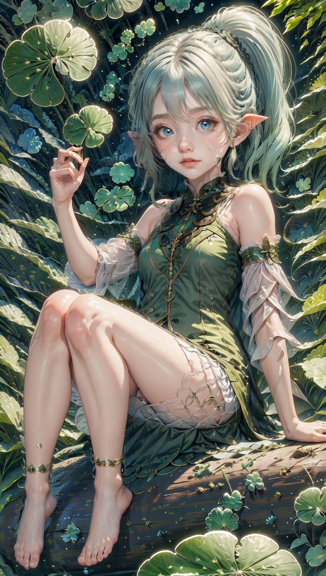 a girl,,1girl,hakuhatsu,front view,full_body,sit down,bright light,solo,breasts,looking at viewer,sky,blue sky,bug,butterfly,branch,<lora:激萌清晰调节:0.3>,<lora:草神Nasida_v1.0:0.8>,