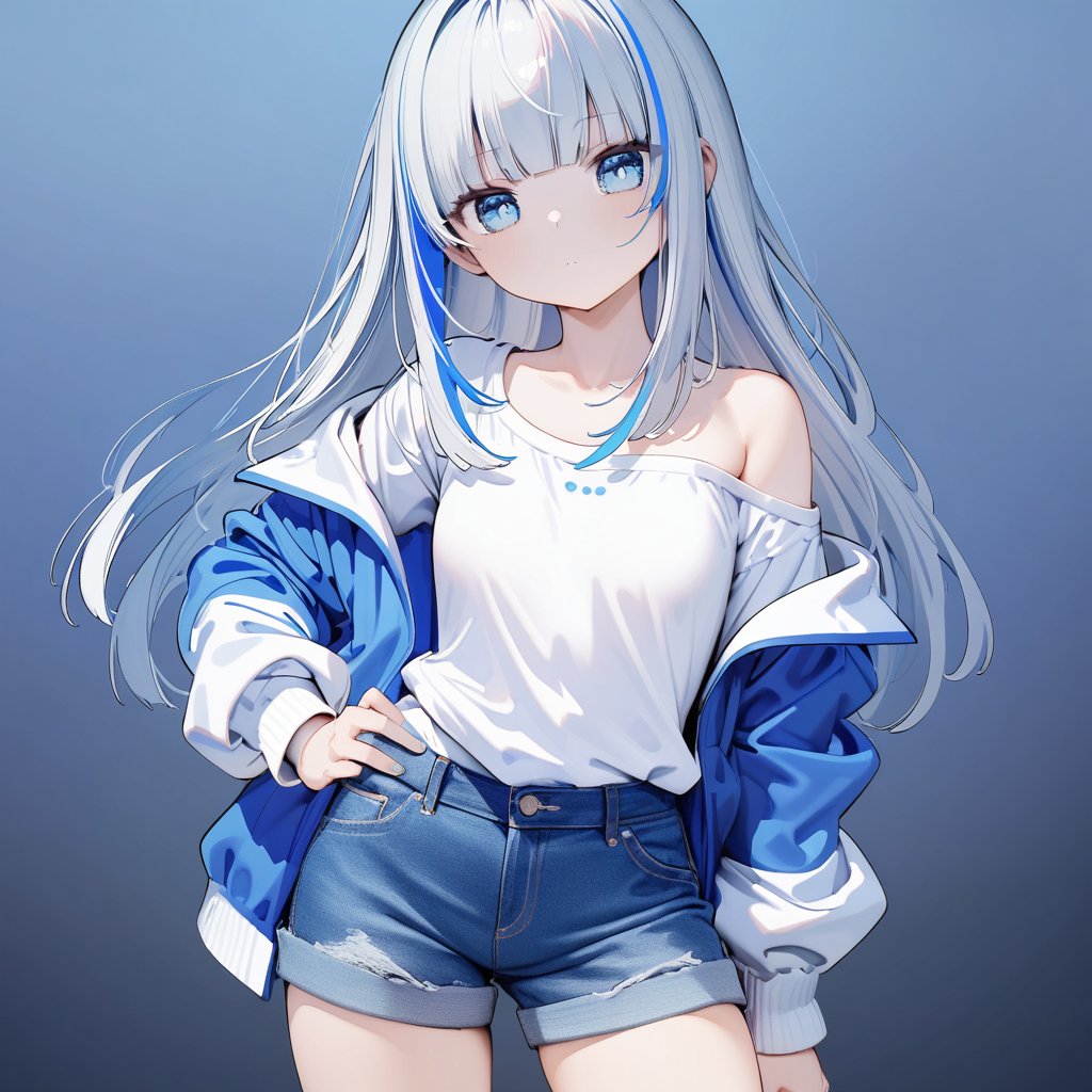 Noyu,1girl,solo,blue eyes,white hair,blue streaked hair,long hair,blunt bangs,flat chest,open jacket,off shoulder shirt,denim shorts,cowboy shot,expressionless,jitome,hand on hip,masterpiece,bestquality,onnk,line art,line style,Toeino