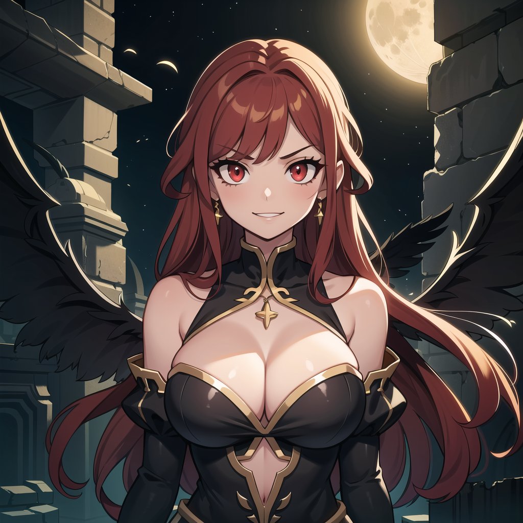 ((masterpiece, best quality, extremely detailed), volumetric lighting, ambient occlusion, colorful, glowing, expressive eyes),

1girl, long eyelashes, red hair, long hair, red eyes, black dress, neckline, cleavage, bare shoulders, long sleeves,
large bird wings, (black wings), beautiful angel wings, exposed thighs, navel, exposed waist, (gold jewelry),
night, moon, stars, clouds, ancient dungeon, destroyed ancient ruins, 
(scary environment:1.3),

angry, evil smile,
upper body, close up, portrait,