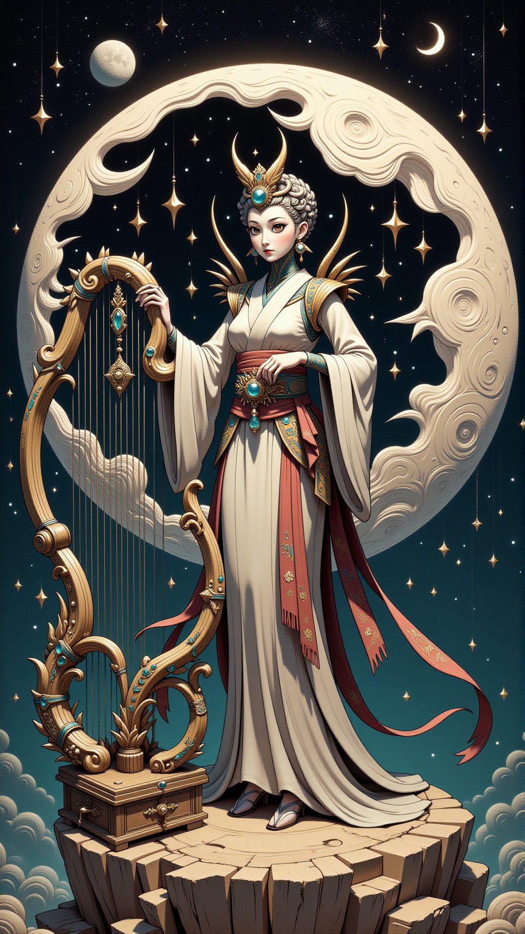 A cyborg geisha standing on the rim of a cratered moon, grasping a delicate, gemstone-encrusted harp with razor-sharp strings, her porcelain mask glinting with an otherworldly intensity.