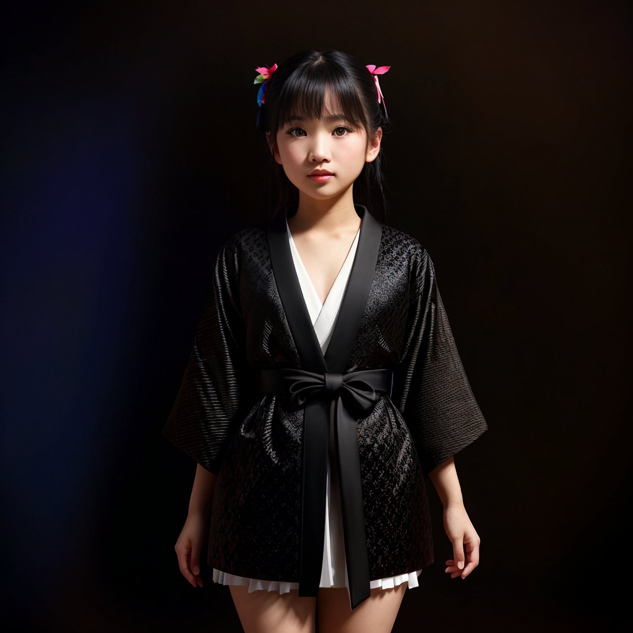 extra resolution, view from above, full body portrait of beautiful (AIDA_LoRA_rei2009:1.06) <lora:AIDA_LoRA_rei2009:0.76> as little asian girl, pretty face, intimate, wearing kimono, kimono dress, Japanese national dress, cinematic, dramatic, insane level of details, intricate pattern, studio photo, studio photo, kkw-ph1, hdr, f1.8 , getty images, (colorful:1.1), (black background:1.5)