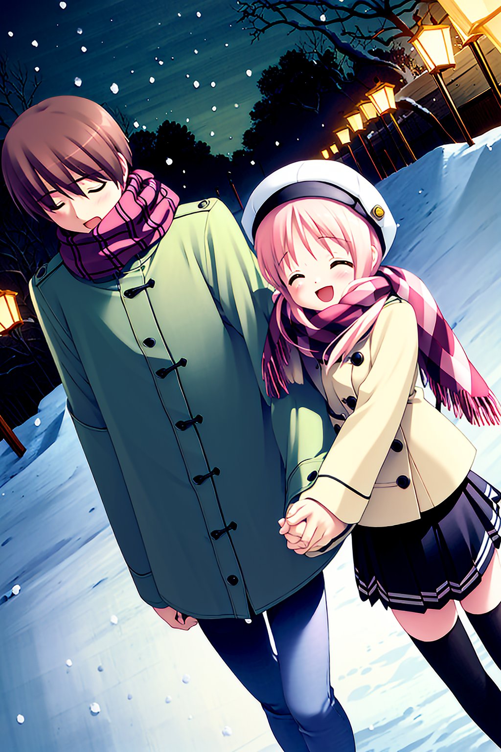 ((masterpiece, high quality, best quality)),1girl, 1boy, hat, scarf, pink hair, closed eyes, snow, holding hands, thighhighs, school uniform, blush, short hair, dutch angle, night, running, happy, hetero, coat, smile, couple, snowing, winter clothes, open mouth, brown hair, tree, outdoors, long sleeves, walking, zettai ryouiki, <lora:gayaro-style_v1.1:1.0>