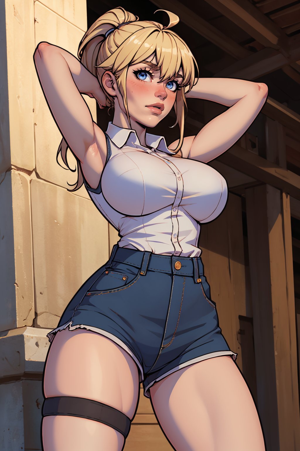 (masterpiece, best quality:1.2),  <lora:warlockandboobs:1>, warlockandboobs, 1girl, blonde hair, high-waist shorts, breasts, solo, long hair, blue eyes, shorts, shirt, large breasts, black shorts, white shirt, sleeveless, blush, sleeveless shirt, arms up, thigh strap, armpits, very long hair, looking at viewer, shirt tucked in, thighs, closed mouth, ahoge, hair between eyes, ponytail, short shorts, bangs, arms behind head, collared shirt, from below