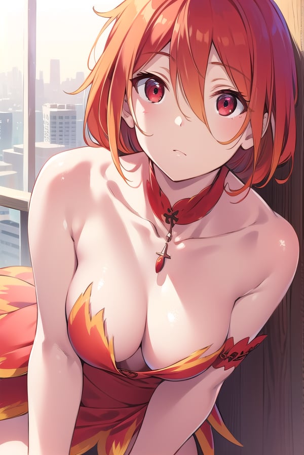 amagisalama, <lyco:amagisalama-LYCORIStest:1>,salama, orange hair, (red eyes:1.5), short hair, ahoge, (small breast:1.2),BREAK bare shoulders, choker, dress, multicolored clothes, multicolored dress, orange dress, red choker, red dress,BREAK looking at viewer,BREAK outdoors, city,BREAK <lora:GoodHands-vanilla:1>, (masterpiece:1.2), best quality, high resolution, unity 8k wallpaper, (illustration:0.8), (beautiful detailed eyes:1.6), extremely detailed face, perfect lighting, extremely detailed CG, (perfect hands, perfect anatomy),