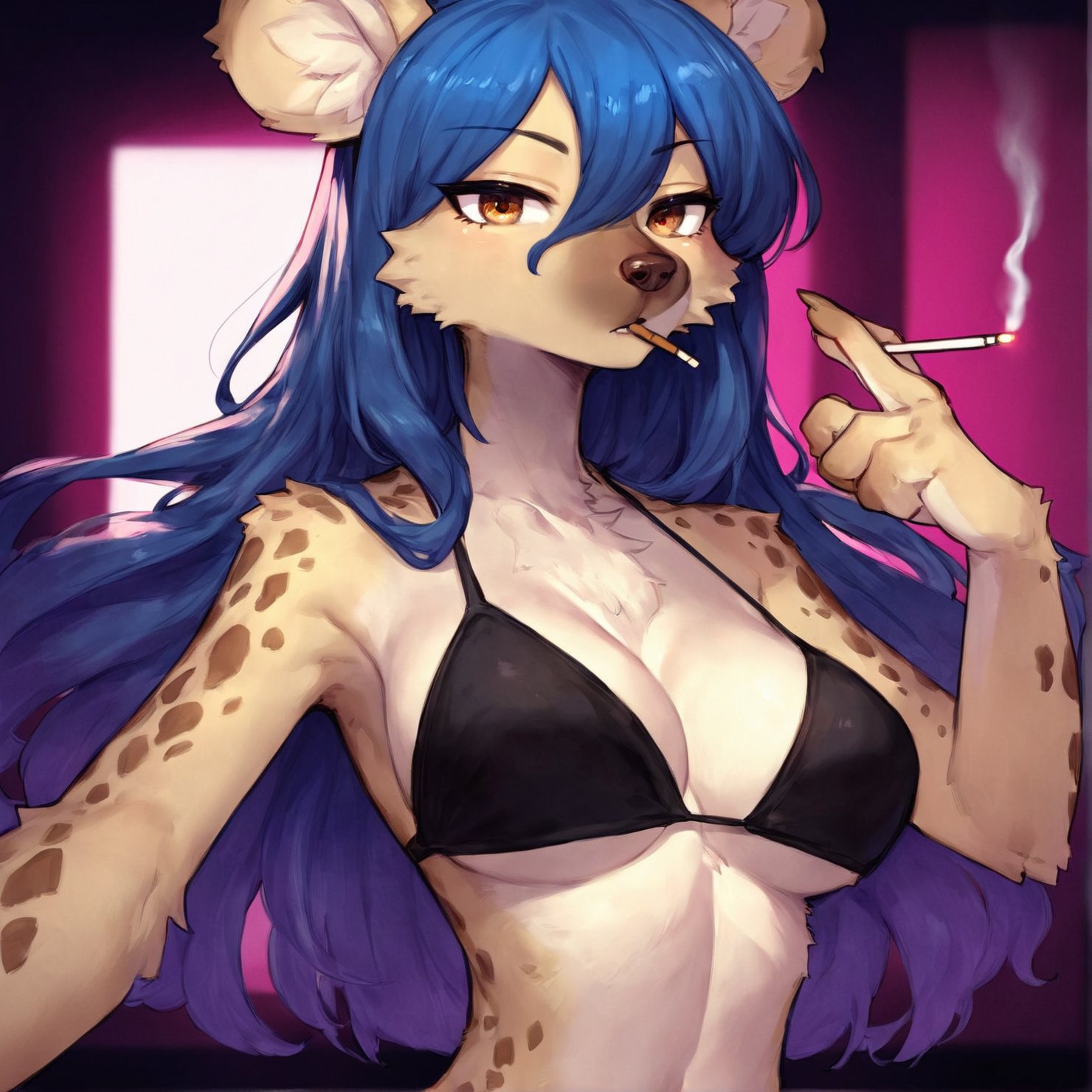 core_9, score_8_up, score_7_up, score_6_up, source_furry, rating_safe,furry, tall, girl, (kemono:0.7),BREAKspotted hyena, solo,thin eyebrows, small iris, sharp eyes, brown eyes,medium breasts,black bikini top,long hair, detailed hair, translucent hair, gradient hair,detailed clothing, fine fabric emphasis,detailed fur, detailed fur texture,hi res, detailed,looking at viewer,soft light, front light, natural lighting,indoors, bedroom, scenery, (cute Pose), large breasts,  glistening, , night, city, cigarette, smoking, afterglow,BREAKelza,<lora:elza4:0.9:lbw=0,1,1,1,1,1,1,1,1,1,0,0>