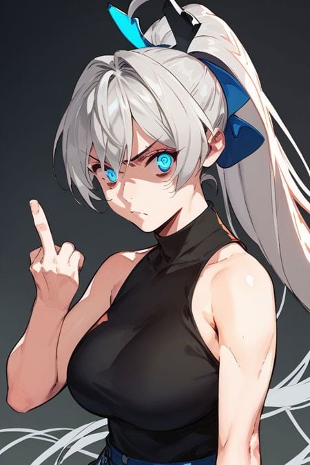 score_9, score_8_up, score_7_up, 1girl, looking at viewer, middle finger, pain, light grey hair, high ponytail, hair intakes, Sapphire eyes, large breasts, black sleeveless shirt, bright, crosswalk, from behind <lora:pako_(pakosun)_PonyXL_style_v01:1>