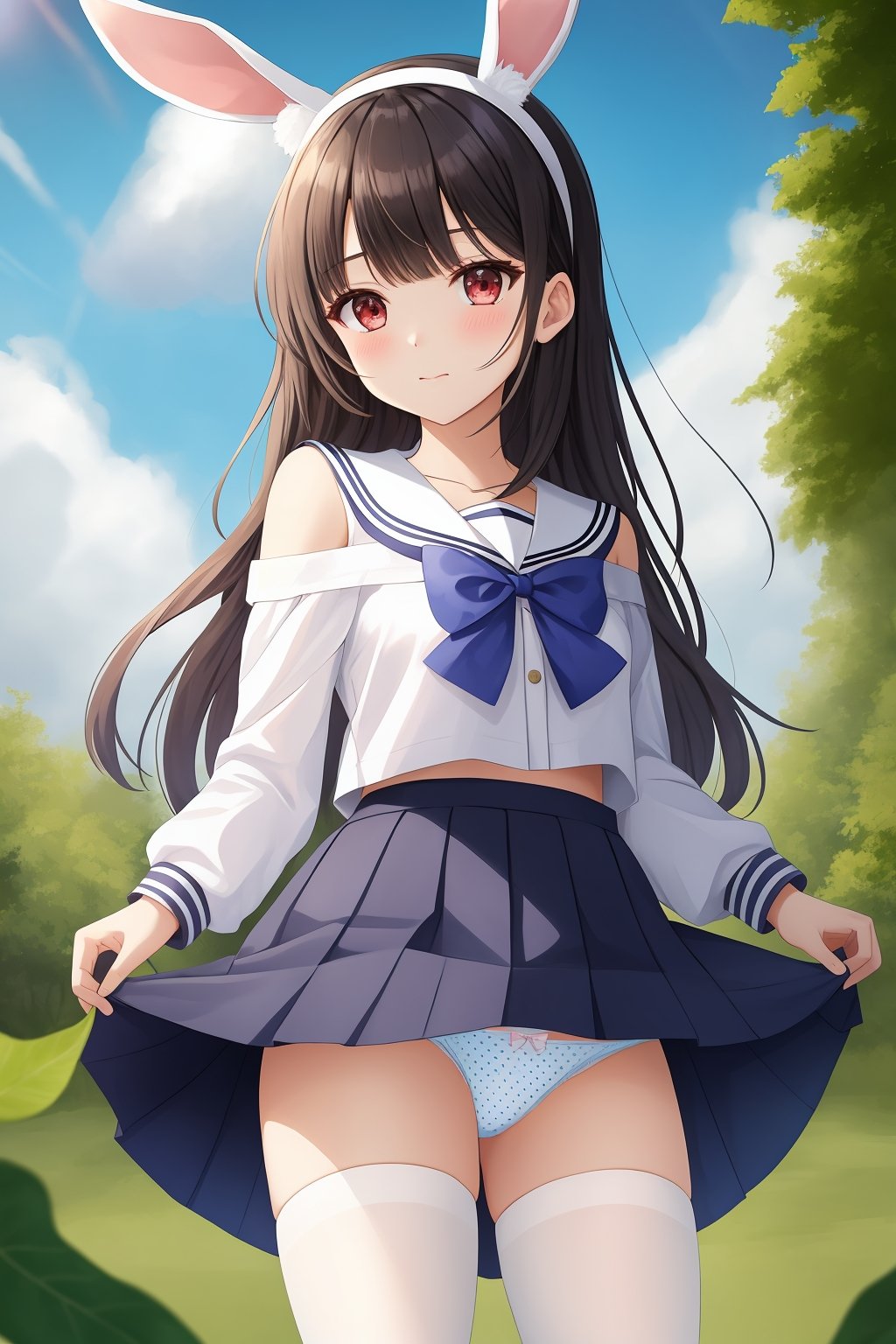 1girl,solo,long hair,looking at viewer,blush,bangs,skirt,shirt,black hair,red eyes,long sleeves,bow,animal ears,bare shoulders,very long hair,closed mouth,underwear,school uniform,standing,panties,pantyhose,pleated skirt,hairband,outdoors,sky,serafuku,day,cloud,blunt bangs,bowtie,sailor collar,off shoulder,clothes lift,rabbit ears,white panties,blue sky,blue skirt,fake animal ears,leaf,halo,skirt lift,polka dot,blue shirt,white bow,lifted by self,bow panties,panties under pantyhose,white pantyhose,white sailor collar,white hairband,leaf on head,polka dot panties,blue serafuku,miyu \(blue archive\),