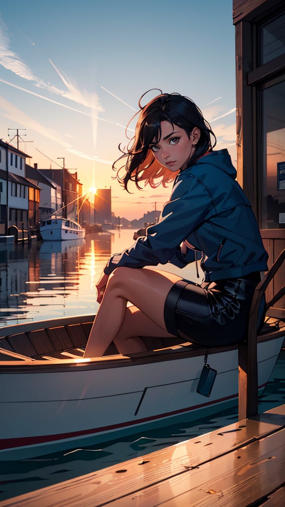 (masterpiece drawning, high quality), (solo:1.1), a digital art of a girl, epic Sunrise, boat port, (soft lighting), Porta 160 color, shot on Leica T, sharp focus on subject, shot by Candida Höfer, Extreme detail, morbid, (vibrant color), (cinematic),