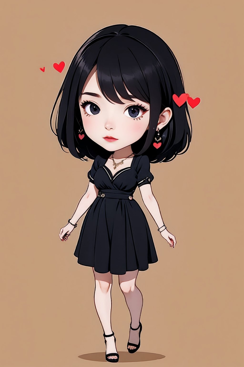 <lora:AgainChibiLora_v1:1>,1girl, 1boy, solo, mole under eye, jewelry, mole, heart, black hair, necklace, dress, black eyes, black dress, black footwear, full body, breasts,