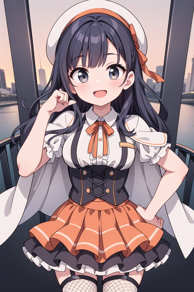 insanely detailed, absurdres, ultra-highres, ultra-detailed, best quality,1girl, solo, nice hands, perfect handsBREAK(nsfw:-1.5),(gothic drress, Idol costume:1.3), (orange and white theme:1.2), (white blouse:1.4), (white collar, tie:1.3), (open short-cape:1.3), (short sleeve:1.2), (orange tartan-check pattern (ruffle-skirt, multilayer-skirt):1.4), (white basque-beret with ribbon:1.3), (Fishnet stockings:1.3), (glove:1.2), (cleavage:-1.5)BREAKhappy smile, laugh, open mouth,(45 angle:-1.5), (from side:-1.5),cute pose, cowboy shot, looking at viewerBREAKslender, kawaii, perfect symmetrical face, ultra cute girl, ultra cute face, ultra detailed eyes, ultra detailed hair, ultra cute, ultra beautifulBREAK(on a bridge:1.3), tokyo, cityscape, (day:1.3), (evening:-1.5), (night:-1.5), depth of field, ultra detailed background, (very wide, panorama view, sense of depth, magnificent view:1.3)BREAKlarge breastsBREAKblack hair, black eyes, shag,