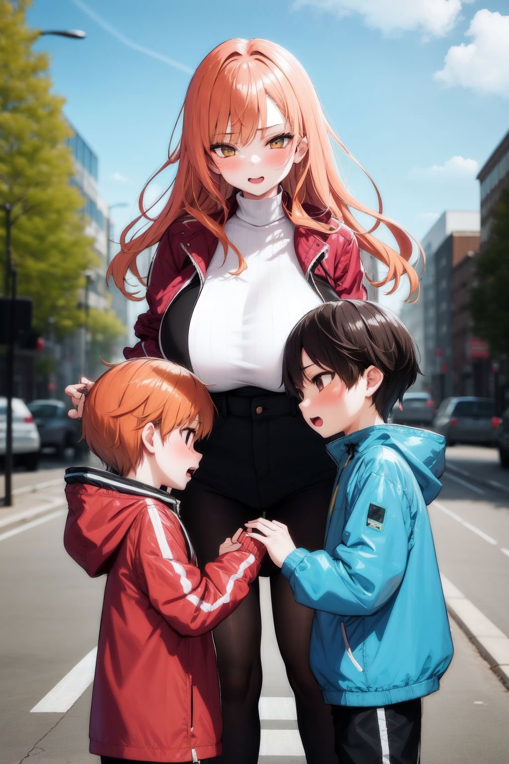 <lora:bigsislitbro_cpt_v01.10.10.02:1>, bigsislitbro, girl and boy, 1girl, long hair, white hair, breasts, turtleneck, 1boy, shot hair, windbreaker, orange hair, size difference, outdoors