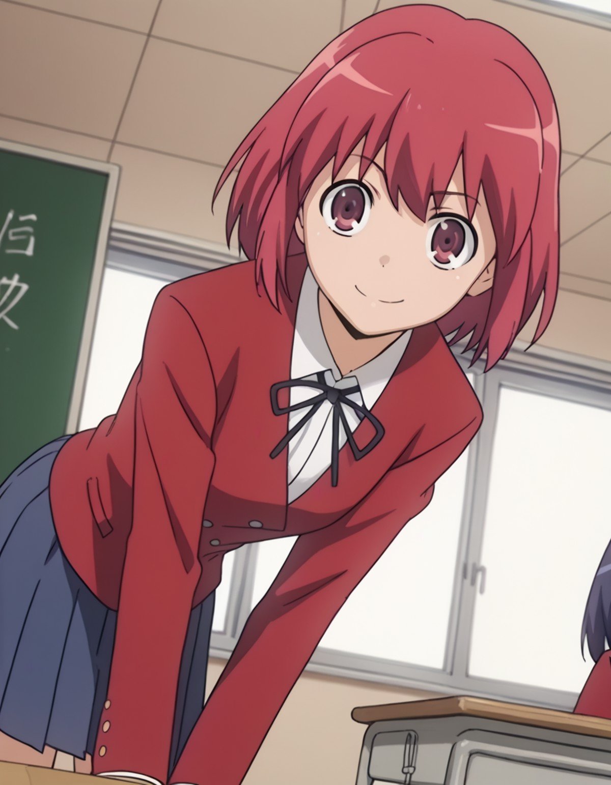 score_9, score_8_up, score_7_up, source_anime,minorikushieda, <lora:minori-kushieda-s1-ponyxl-lora-nochekaiser:1>,minori kushieda, short hair, red eyes, red hair,school uniform, oohashi high school uniform, jacket, red jacket, long sleeves, shirt, white shirt, collared shirt, ribbon, skirt, pleated skirt,indoors, classroom, bent over, smile,looking at viewer, solo, cowboy shot, dutch angle,