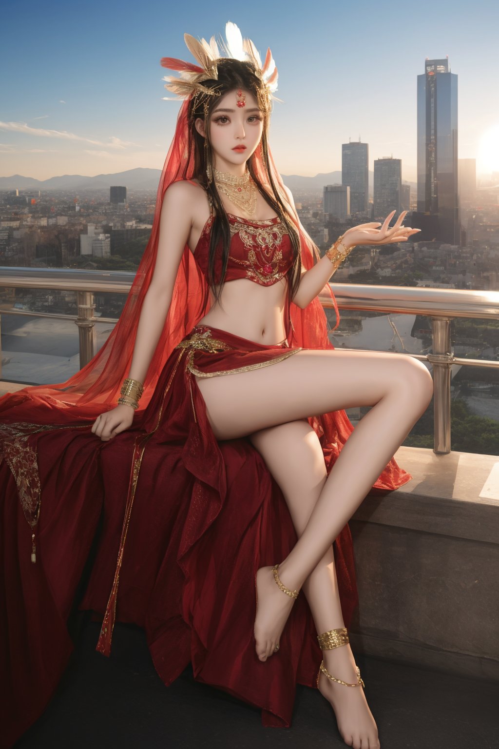 future0513,anklet,dress,Red dress,solo,<lora:future0513-honghanfu:0.8>,bare legs,headdress,navel,cityscape,