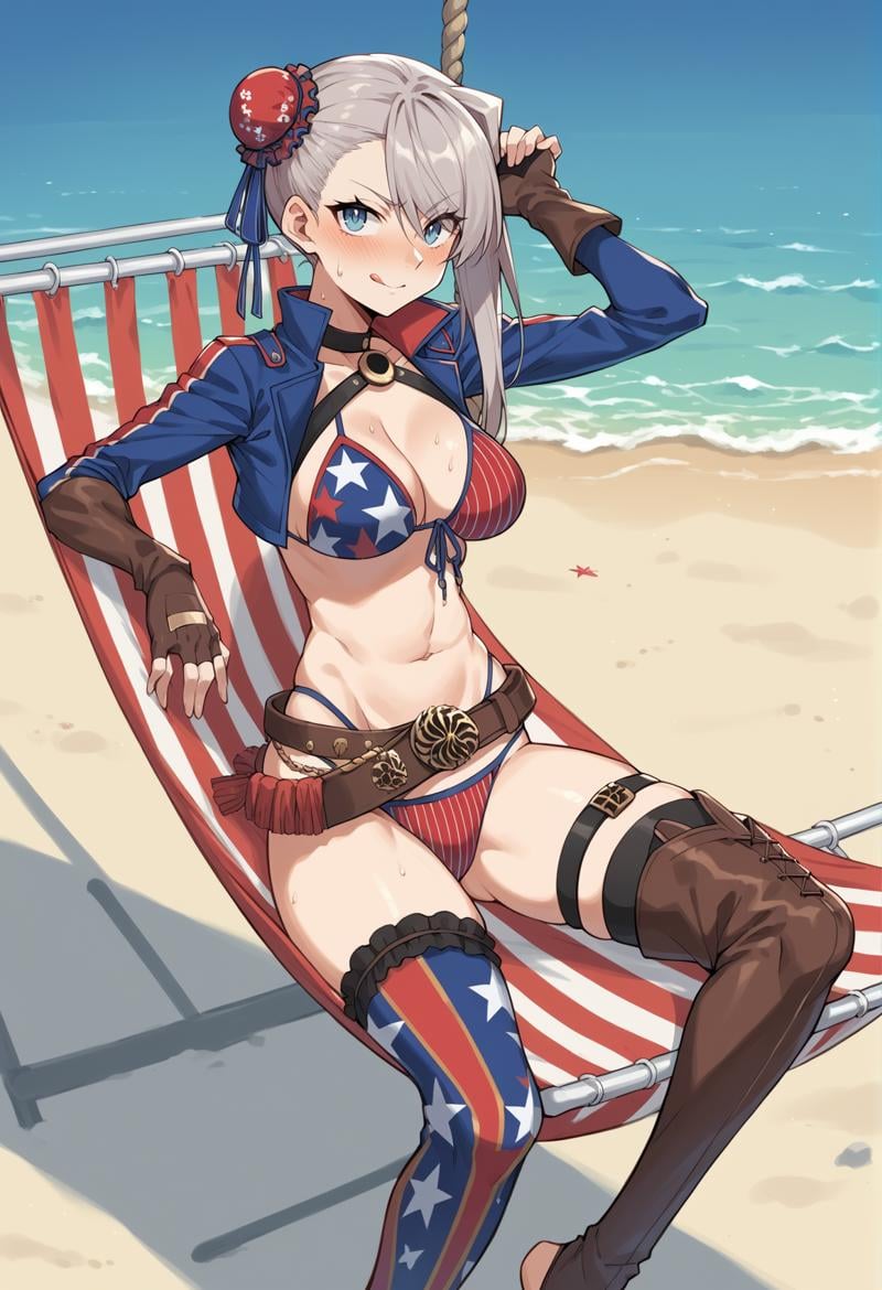 1girl, blue eyes, long hair, grey hair, single sidelock, single hair bun, bun cover, red bun cover, American Flag Bikini, cropped jacket, long sleeves, asymmetrical gloves, fingerless gloves, asymmetrical legwear, asymmetrical footwear, Single Thighhigh, thigh boots, belt, beach, sitting, hammock, toeless legwear, looking at viewer, blushing, sweat, licking lips <lora:Musashi:1>, score_9, score_8_up, score_7_up, score_6_up, score_5_up, score_4_up, BREAK source_anime, masterpiece