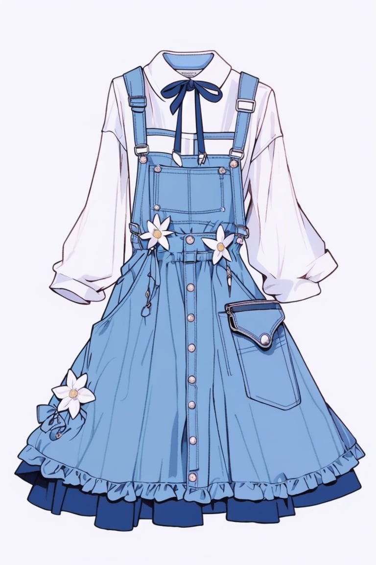 ClothingDesign, simple background, plaid, dress, overalls, shirt, solo, blue dress, plaid dress, no humans, long sleeves, 1girl, grey background, bag, white background, pinafore dress, flower, white flower, ribbon, clothes, <lora:20240601-1717209436687:0.9>