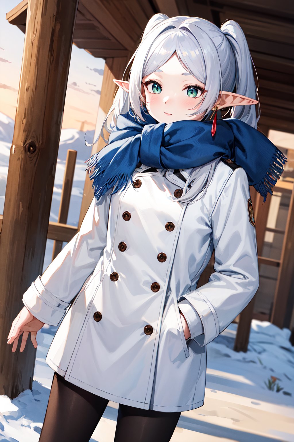 masterpiece, best quality, highres, aafrie, long hair, white hair, twintails, pointy ears, earrings, thick eyebrows, blue scarf, white coat, double-breasted, buttons, black pantyhose, <lora:frieren_v1:0.7>, standing, cowboy shot, winter