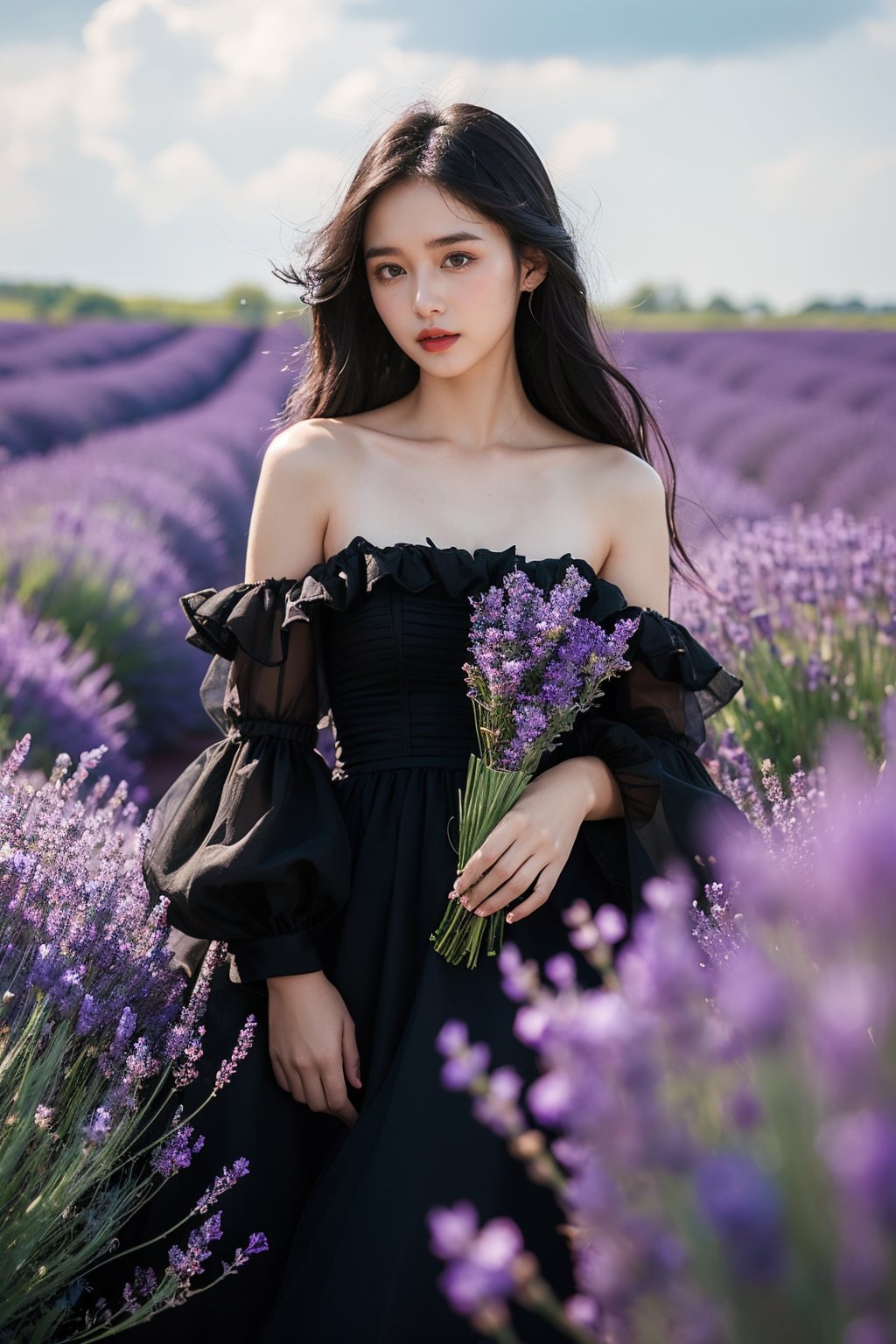 1girl,dress,black dress,black hair,flower,solo,field,outdoors,long hair,flower field,looking at viewer,petals,standing,cloud,long dress,sky,bare shoulders,red lips,lavender,<lora:XUN_20240406204456-000002:0.6>,