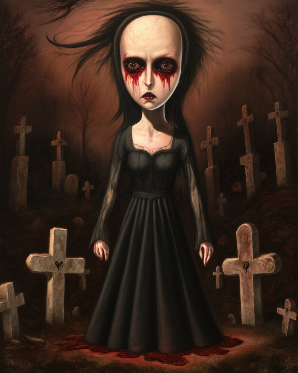 old oil painting of a gothic woman, a skinny, bloody eyes, bloody moon, evil facial expression, abandoned graveyard in background, surreal, lowbrow art style ,<lora:LowBrowF1D:1>