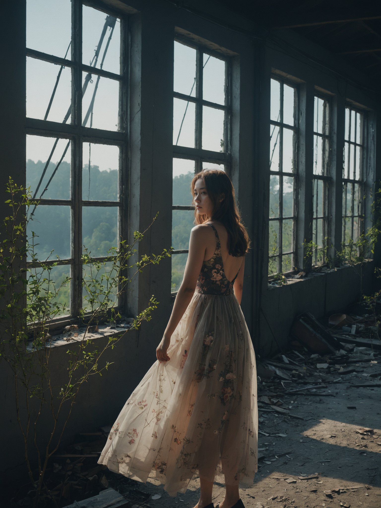 (best quality, masterpiece, photorealistic, realistic), 8K,tyndall effect，realistic photography, Screen Settings 3:4, (flowers on face), (One-mirror reflection:1.5), A european girl in a flesh-colored tight dress is standing in a dusty abandoned factory, light shining from the window, smoke around,Leica color, 35mm, Abandoned building, (Various dance moves:1.2)，(rim light),(the style of photography:1.1), (japanese style fuji photography style:1.3), (real:1.1),forest,(in the dark:1.1), (deep shadow:1.2), (low key:1.3),(Tyndall effect:1.2)，(full_body:1.7)