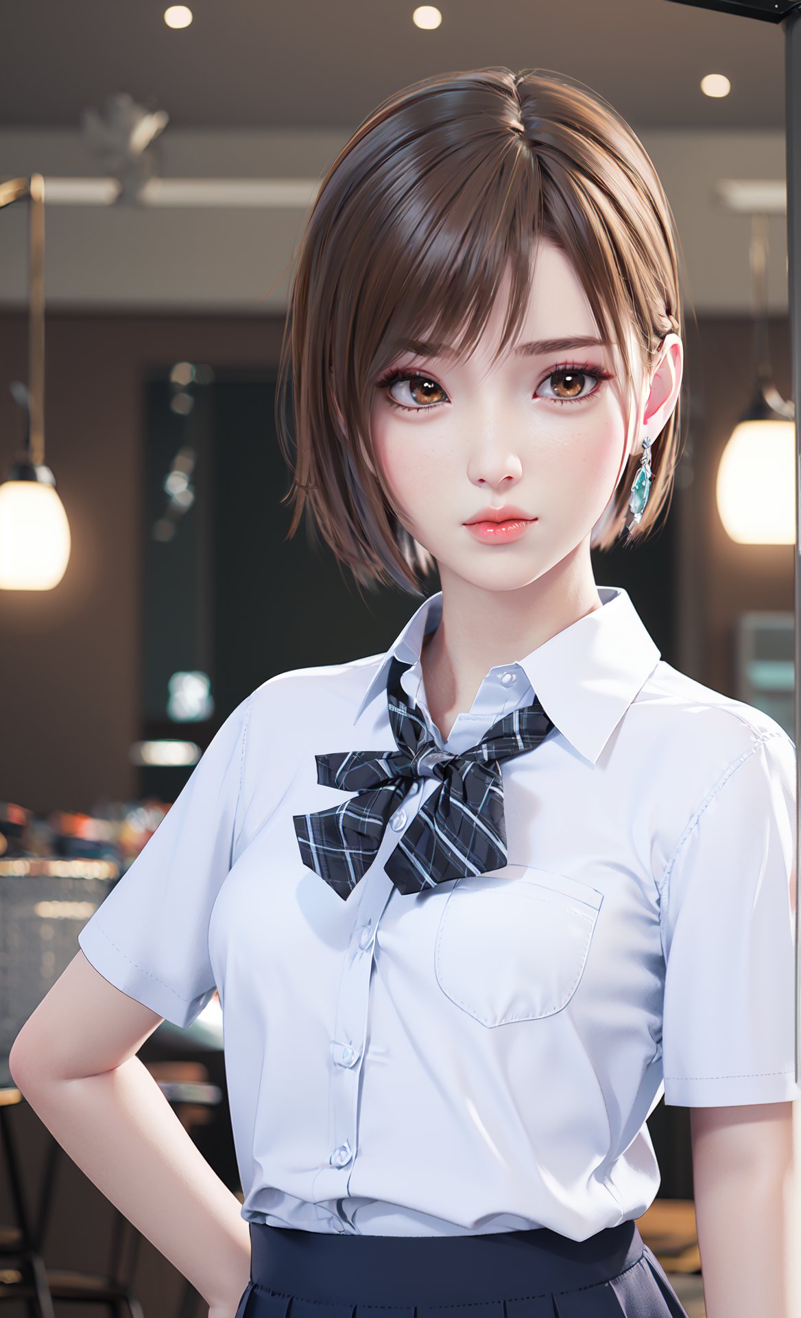 realistic,octane render,3D CG,1girl,brown hair,solo,brown eyes,shirt,looking at viewer,bow,hand on hip,braid,short hair,white shirt,jewelry,blurry background,earrings,realistic,blurry,school uniform,short sleeves,bowtie,