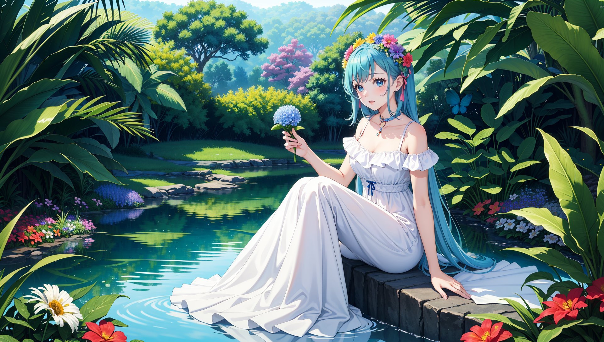 masterpiece,lake,crystal water,girl,illustration,(in lush jungle with flowers:1.2),(colorful flowers:1.4),full body,(extremely detailed face:1.2),colorful blue theme,colorful butterflies,colorful stars,field of colorful flowers,very good hand,