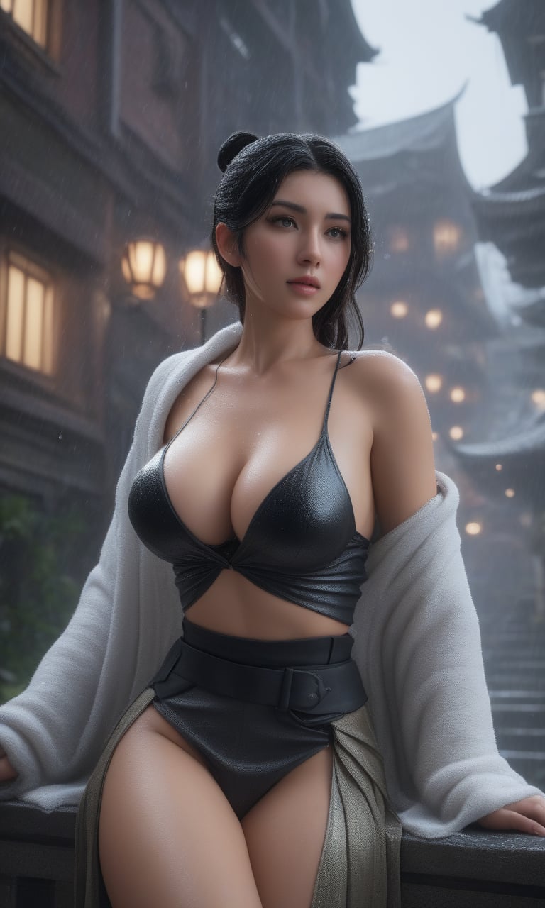 (,1girl, pov,best quality, )masterpiece, fantasy, realistic,science fiction,mole, ultra realistic 8k cg, ,tamari \(flawless\),  cleavage,large breasts  ,building, bare_shoulders, eyelashes,magic,hydrokinesis,sweat, wet, rain, ,       ((()))