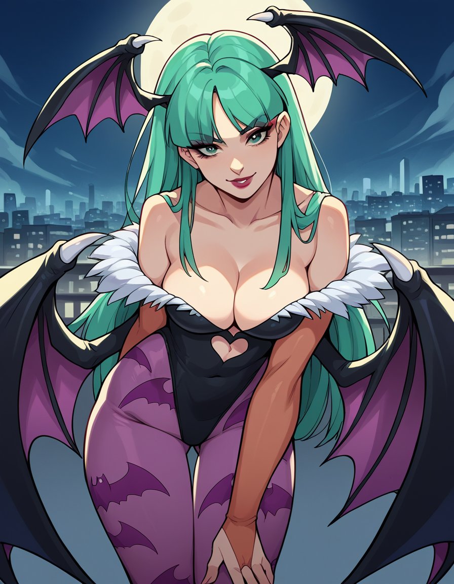 score_9, score_8_up, score_7_up, source_anime, morriganaensland, <lora:morrigan-aensland-ponyxl-lora-nochekaiser:1>, morrigan aensland, green eyes, green hair, head wings, lipstick, long hair, makeup, pale skin,, animal print, bat print, bat wings, black leotard, cleavage, clothing cutout, demon girl, fur trim, fur-trimmed leotard, heart cutout, leotard, low wings, pantyhose, print pantyhose, purple pantyhose, wings, cityscape, night, moon, bent over, smile, looking at viewer, solo, cowboy shot, dutch angle