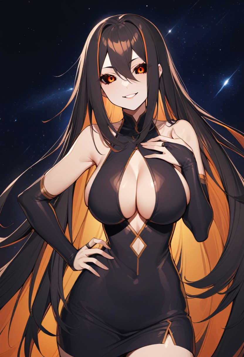 solo, 1girl, blackhole-chan, smile, looking at viewer, hand on hip, colored sclera, sleeveless dress, center opening, bridal gauntlets, large breasts, outer space <lora:gijinkaseries_blackhole_xl-000005:1>