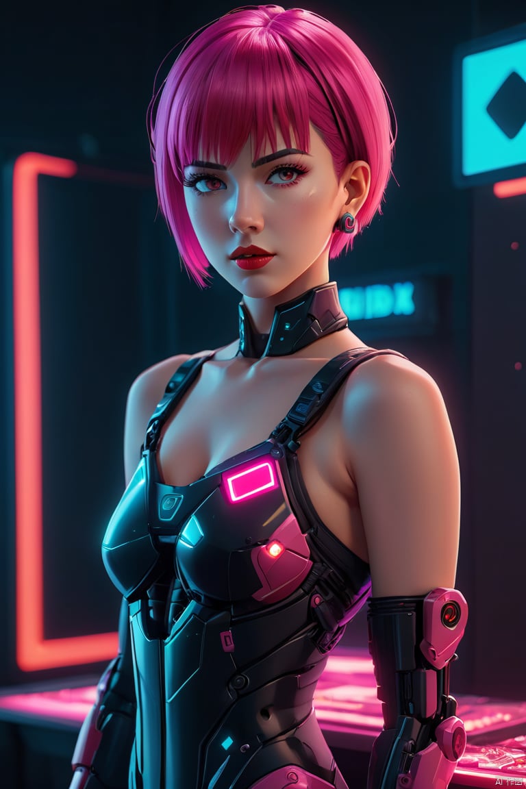 Anime Artwork Lucy (Cyberpunk),  Pink Short Hair,  Pink Eyes,  Red Lips,  (Front),  (Full Body),  Bodysuit,  Punk Stud Earrings,  Bossy,  Brave,  Key Visual,  Vibrant,  High Detail,  Illustration,  Short Straight Hair,  Futurism,  NFT Art,  Solid Color Background,  Robotic Arm,  Cartoon Coloring,  Tendal Effect. Non-Realistic Rendering Transparency,  Color Tilt,  Animation,  Blender Geometry Art,  Intrlligence 4k Image,  Epic,  Cinematic Effects,  Neon Cold Pounding,  Octane Rendering,  OC,  8k