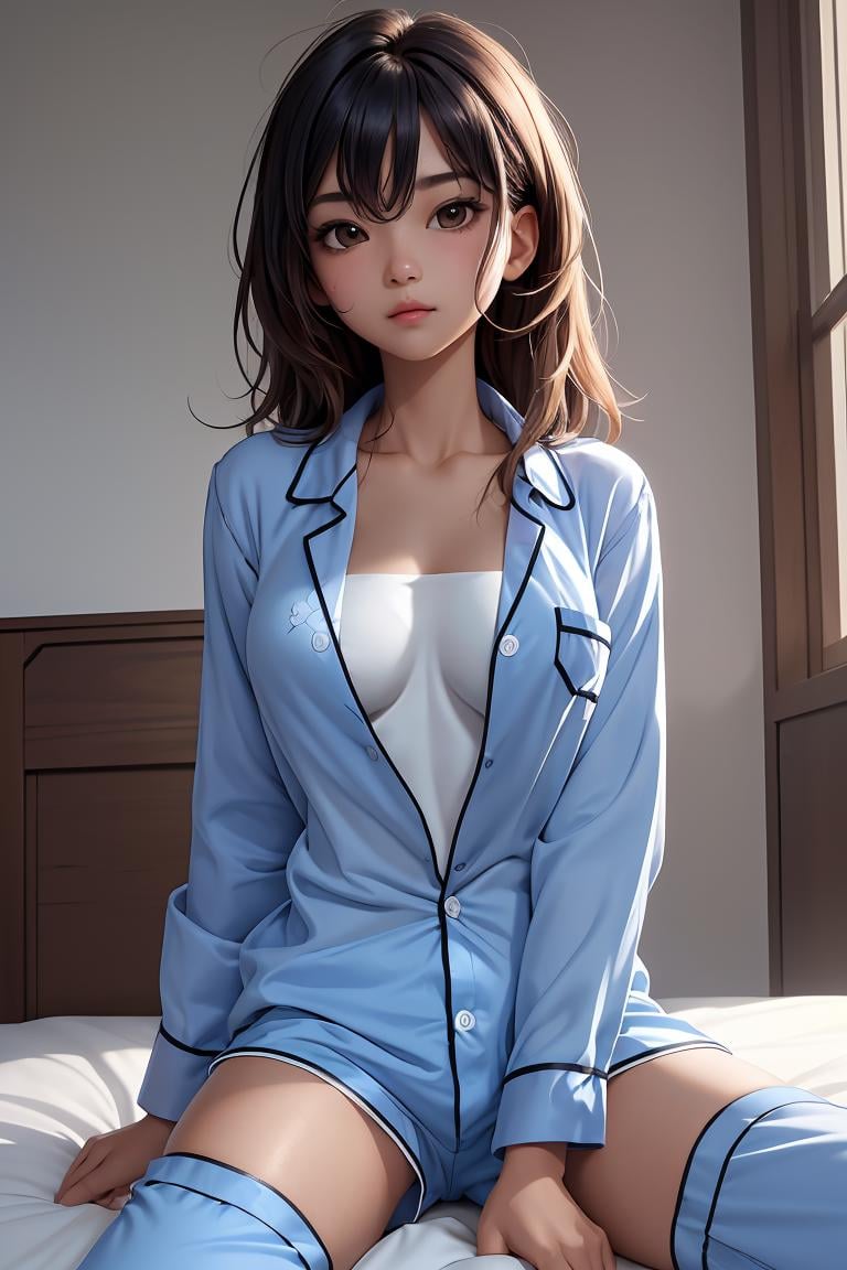 (masterpiece, best quality), 1girl, bed sheet, messy hair, unbuttoned shirt, unbuttoned shorts, blue pajamas, shiny skin,