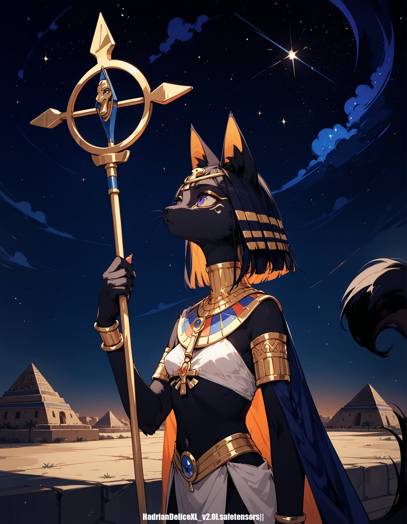 score_10,score_9_up,score_8_up,score_7_up,score_6_up, hadrian, side view,small breasts, expressionless, looking ahead, with Pyramid of Khufu view, in Egypt, furry cat, egyptian clothes, egyptian mythology, truncheon,staff,starry sky, source_furry,