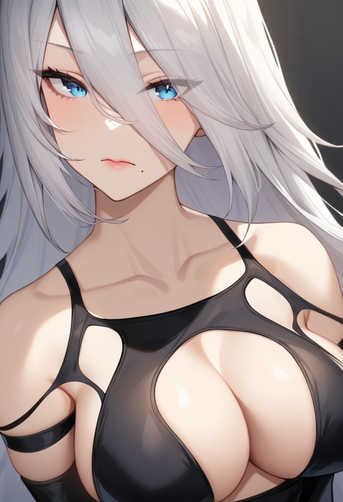 masterpiece,best quality,very aesthetic,absurdres,<lora:a2_a3:1>,1girl, a2_\(nier:automata\), alternate_breast_size, android, bad_id, bad_pixiv_id, bare_shoulders, black_gloves, black_leotard, blue_eyes, breasts, closed_mouth, collarbone, commentary, elbow_gloves, expressionless, eyes_visible_through_hair, gloves, hair_between_eyes, half-closed_eyes, large_breasts, leotard, lips, long_hair, looking_at_viewer, mole, mole_under_mouth, simple_background, solo, sword, upper_body, very_long_hair, weapon, weapon_on_back, white_hair