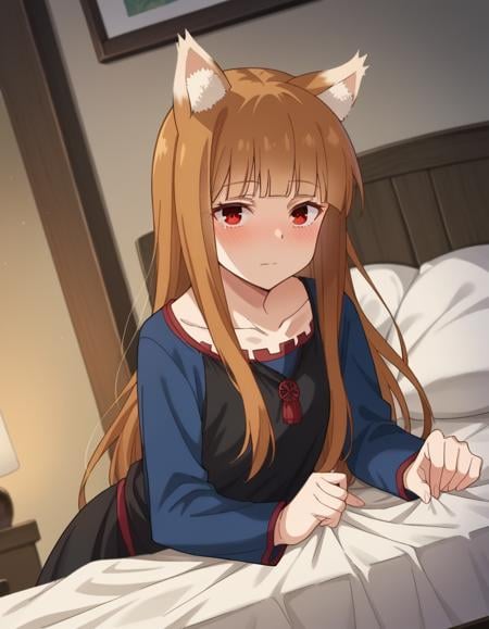 score_9, score_8_up, score_7_up, source_anime,wolfholo, <lora:wolf-holo-alpha-ponyxl-lora-nochekaiser:1>holo, red eyes, bangs, blunt bangs, sidelocks, animal ears, fox ears, brown hair, long hair,dress, long sleeves, collarbone,indoors, bed, bed room, on side, blush, drunk,looking at viewer, cowboy shot, dutch angle,