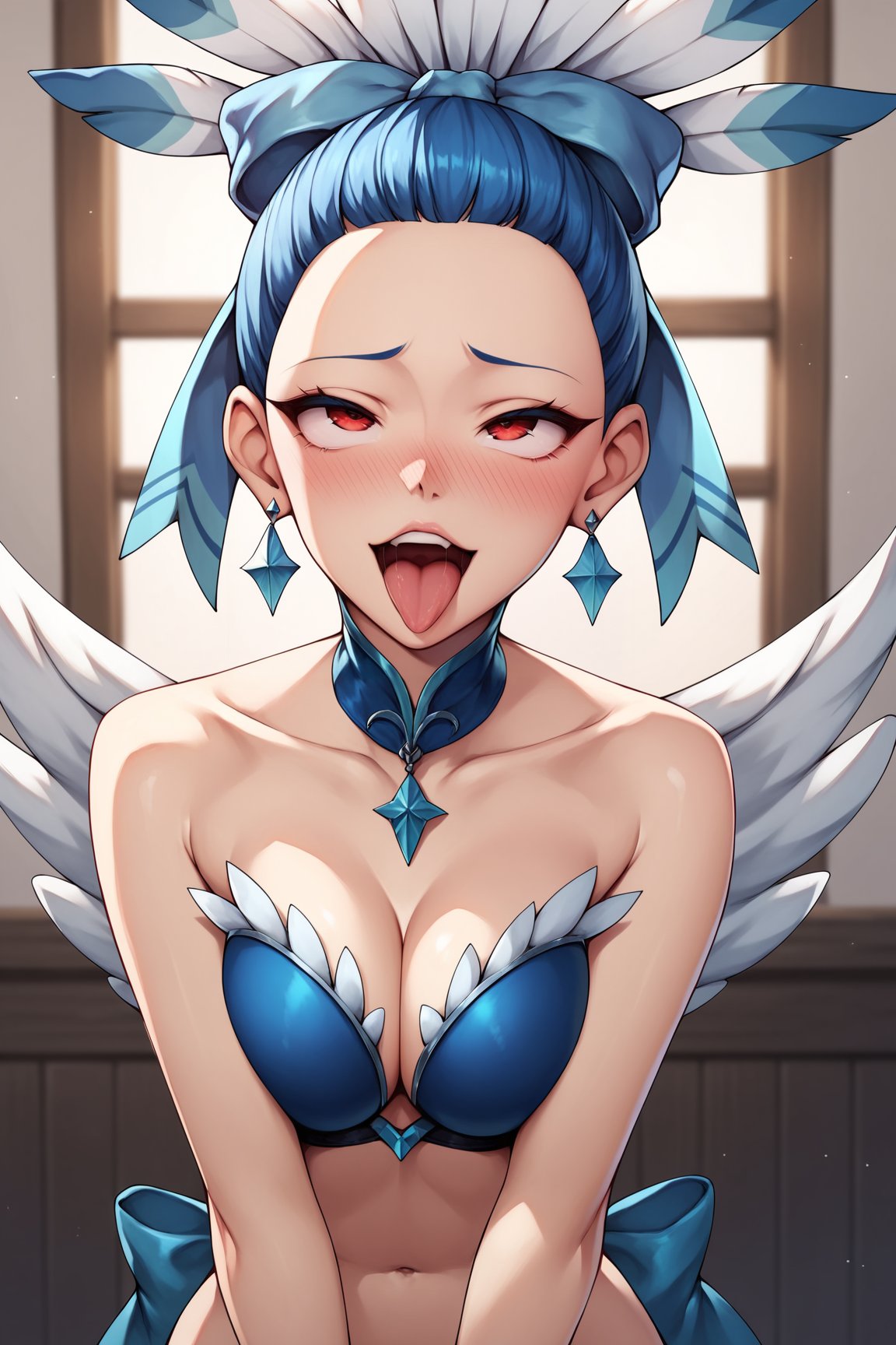 score_9, score_8_up, score_7_up, score_6_up, score_5_up, score_4_up, CluchHHXL, red eyes, blue hair, forehead, hair bow, blue bow, feathers, earrings, blue chocker, medium breasts, with wings, two wings, cleavage, blue bikini top, bare shoulders, solo, front view, v arms, (portrait, upper body), (ahegao), rolling eyes, open mouth, tongue out, naughty face, nose blush, indoors <lora:CluchHHXL:0.9>