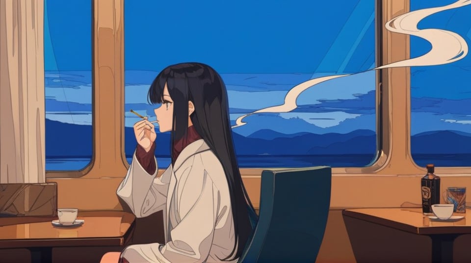 (best quality), ((masterpiece)), (highres), illustration, original, extremely detailed,  <lora:城静时光茶香美:0.7>1girl, solo, long hair, black hair, sitting, coat, smoke, window, long sleeves, smoking, cigarette, indoors, chair, white coat, profile, cup, flat color, sweater, from side