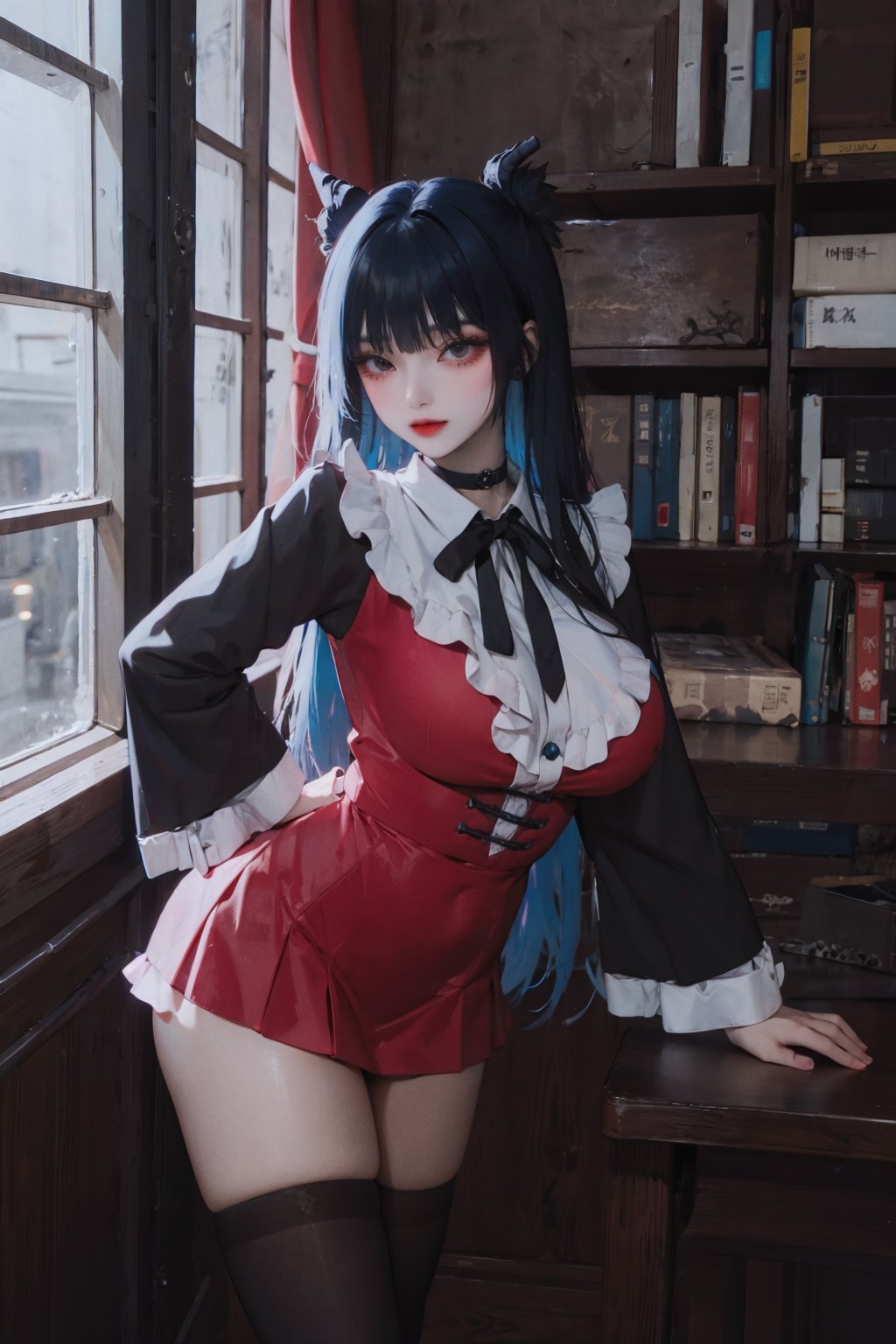 (best quality:1.3),highres,ultra detailed,1girl,gigantic breasts,huge pelvis,(beautiful and aesthetic korean 25 years old),blunt bangs,midnightblue hair,hime cut,long hair,straight hair,sidelocks,half up hair,(jirai kei:1.3),frills,pink dress,collar,ribbon,hair_ribbon,long_sleeves,black knee high socks,thighhighs,choker,cowboy_shot,