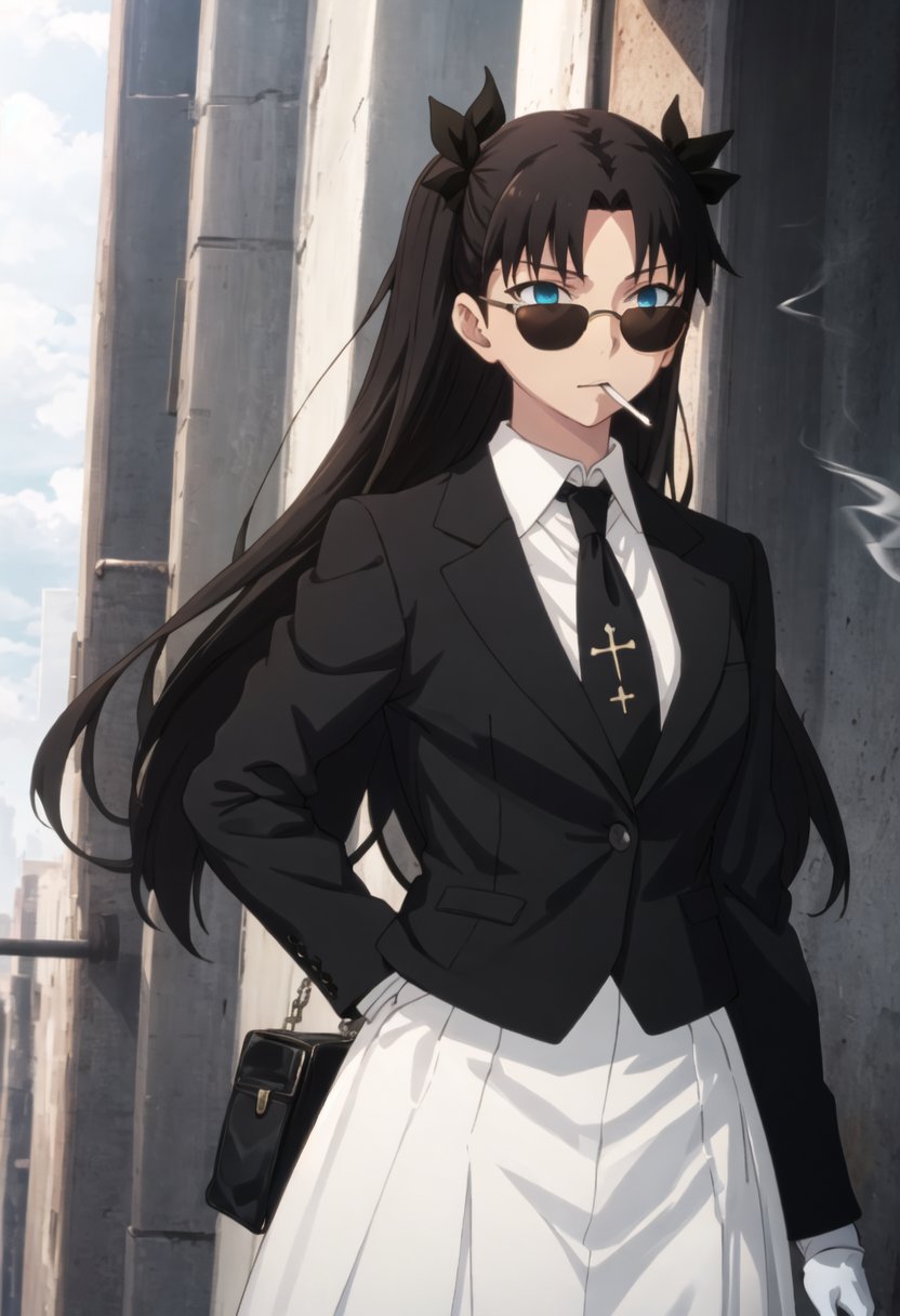 best quality, masterpiece, highres, solo, {tohsaka_rin_fatestaynightufotable:0.90}, {black business suit:1.40}, {tie:1.20}, {sunglasses:1.25}, {white gloves:1.15}, {white shirt:1.10}, {black skirt:1.15}, {smoking:1.20}, handsome