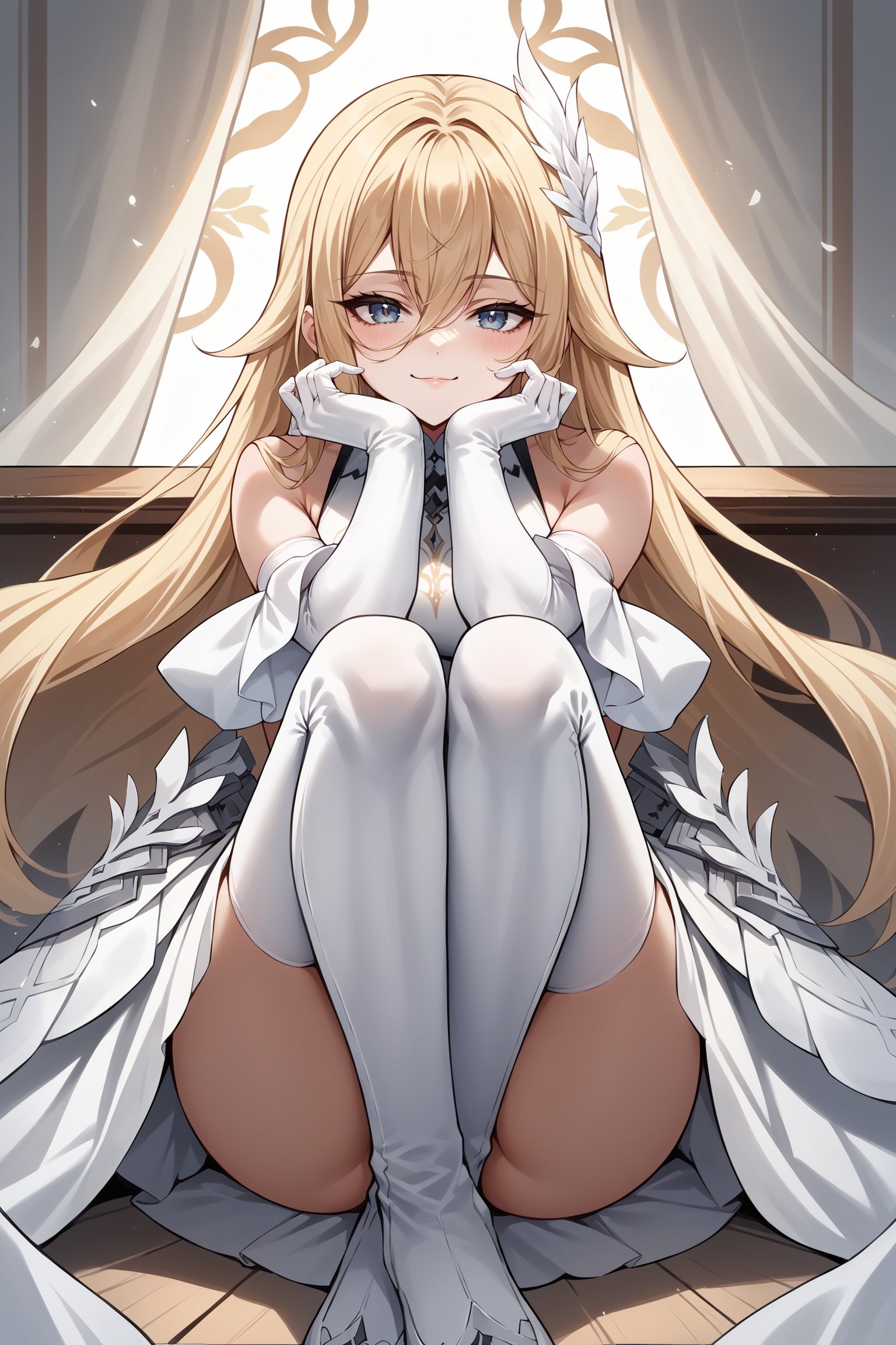 score_9, score_8_up, score_7_up, , rating_sensitive,nsfw, 1girl  ,bydsd, long hair,  wing hair ornaments, white leotard, elbow gloves, detached wide sleeves, underbust, faulds, overskirt, white thigh boots, source_anime, <lora:BayardPDCAMEq1v1 AL:1>, indoors, cowboy shot, abstract, spotlight, naughty face, alluring, sitting, hugging own legs, head rest