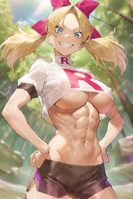 1girl, blonde hair, blue eyes, large breasts, necklace, hair bow, team rocket uniform, clothes writing, single letter, R, covered nipples, underboob, abs, black shorts, posing, hands on hips, crazy smile, upper body, outdoors, tree, forest, kuroi suna