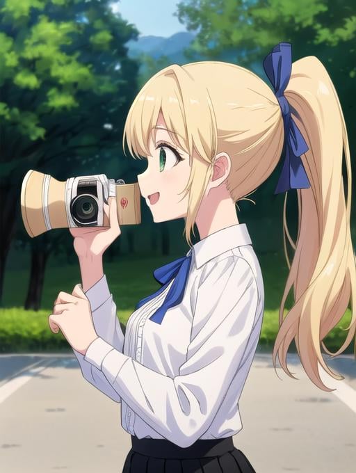 best quality, masterpiece, highres, detailed, perfect anatomy,  <lora:Detail - add_detail:0.2>, <lora:TeresaW:0.8>, TeresaW, ponytail, happy, blonde hair, white blouse, black skirt, blue ribbon, outdoors, holding camera, taking a picture, from side,  green eyes, 