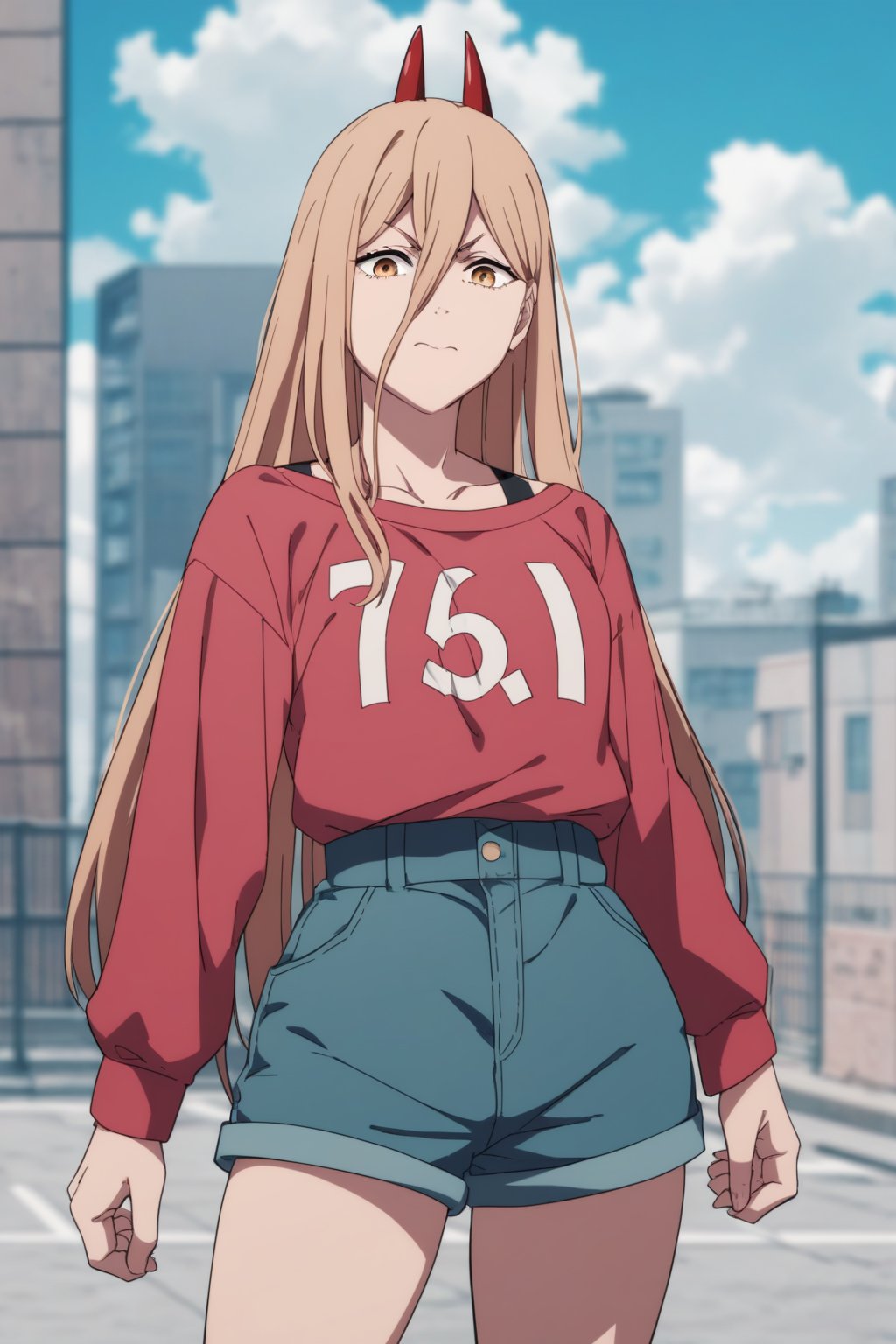 score_9, score_8_up, score_7_up, score_6_up, score_5_up, score_4_up, BREAK, source_anime,power_v1, 1girl, red horns, long hair, hair between eyes, red shirt, shorts<lora:EMS-354632-EMS:0.800000>