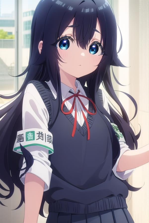 shizukayoshimoto, <lora:shizuka yoshimoto s1-lora-nochekaiser:1>,shizuka yoshimoto, long hair, bangs, blue eyes, black hair, hair between eyes, wavy hair,BREAK skirt, shirt, ribbon, school uniform, white shirt, pleated skirt, red ribbon, neck ribbon, armband, sweater vest,BREAK indoors, classroom,BREAK looking at viewer, (cowboy shot:1.5),BREAK <lyco:GoodHands-beta2:1>, (masterpiece:1.2), best quality, high resolution, unity 8k wallpaper, (illustration:0.8), (beautiful detailed eyes:1.6), extremely detailed face, perfect lighting, extremely detailed CG, (perfect hands, perfect anatomy),