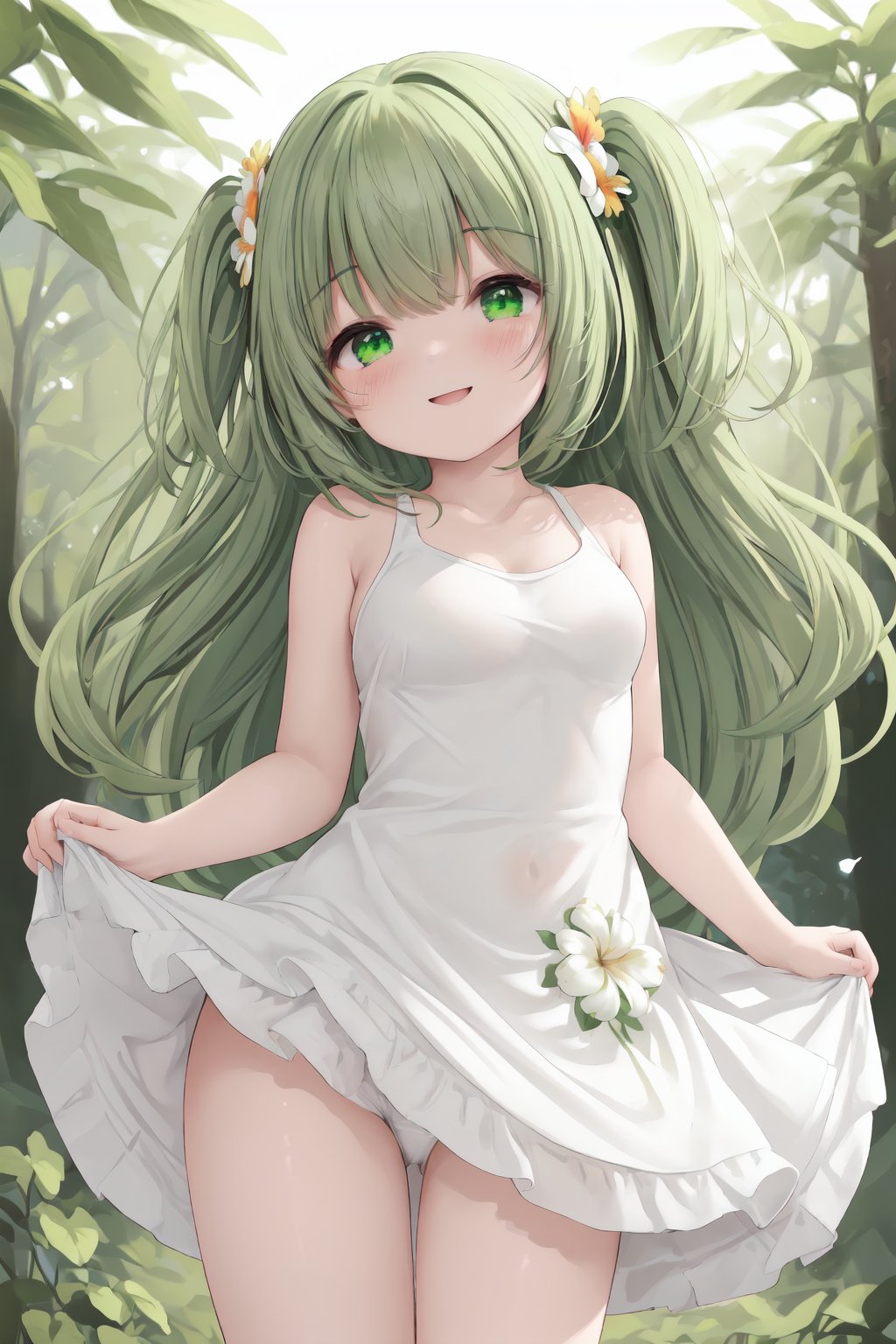 (flora and fauna:1.5),(ability:1.5),smile,tanktop dress,:>,cowboy shot,(jumping pose),(ultra detailed perfect piece:1.2), illustration, masterpiece, (extremely detailed CG 8k), (very fine 8K CG),(1girl:1.2), short hair, two side up, swept bangs, (light green hair:1.2), (tareme:1.2) small breast